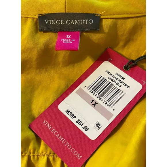 Vince Camuto +1X Marigold Hammered Satin Split Neck Step-Hem 3/4 Sleeve Blouse - Picture 6 of 6